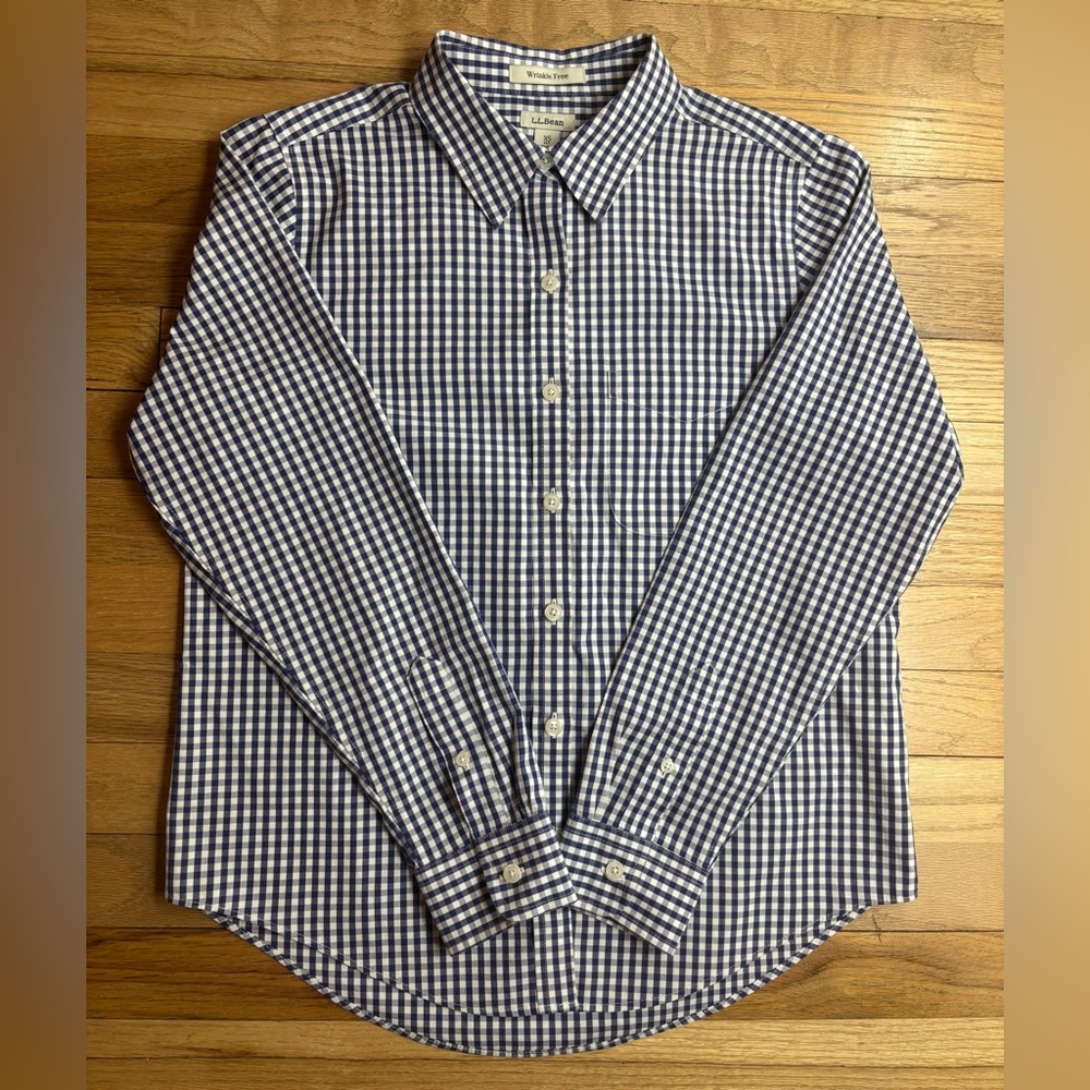 L.L. Bean Wrinkle Free Blue Gingham Check Button Down Shirt Women's Sz XS